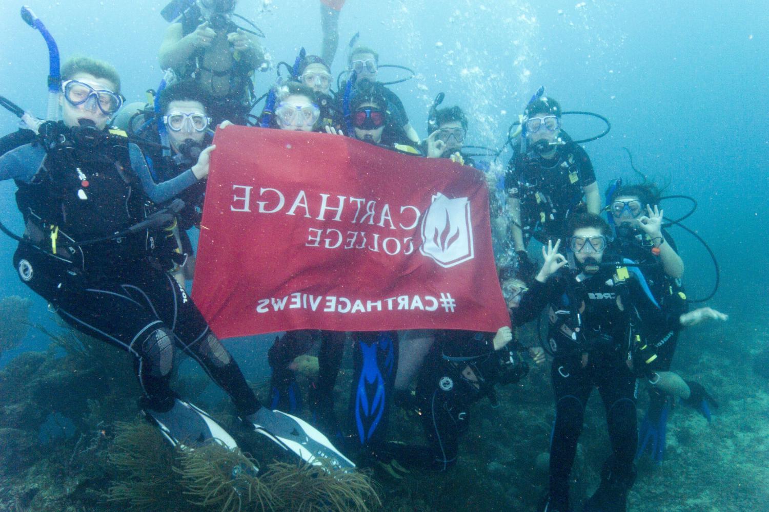 学生们手持<a href='http://auvn.ngskmc-eis.net'>bv伟德ios下载</a>旗帜，在j学期洪都拉斯游学之旅中潜水.